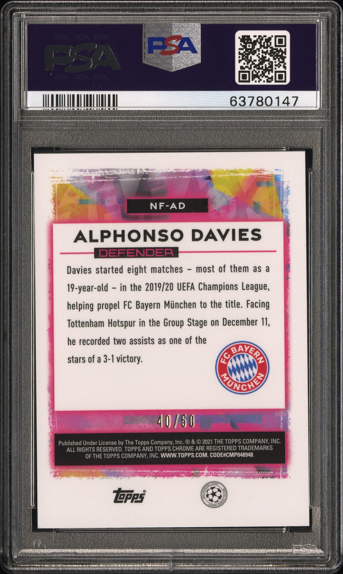2020 Topps Chrome Champions League Neon Future Alphonso Davies Yellow PSA 10