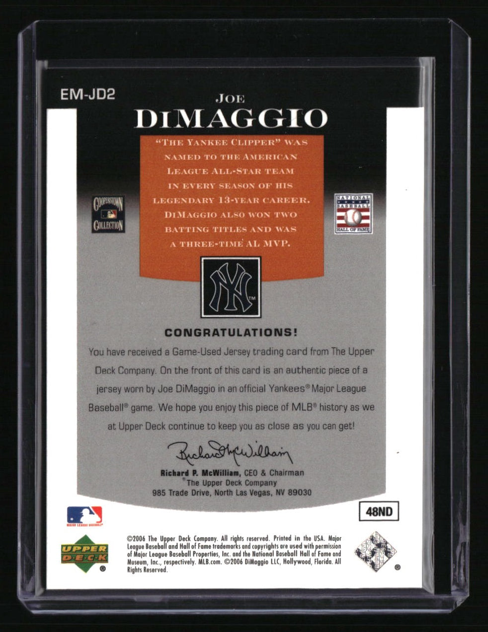 2006 Upper Deck Epic Joe DiMaggio Materials Orange #/173