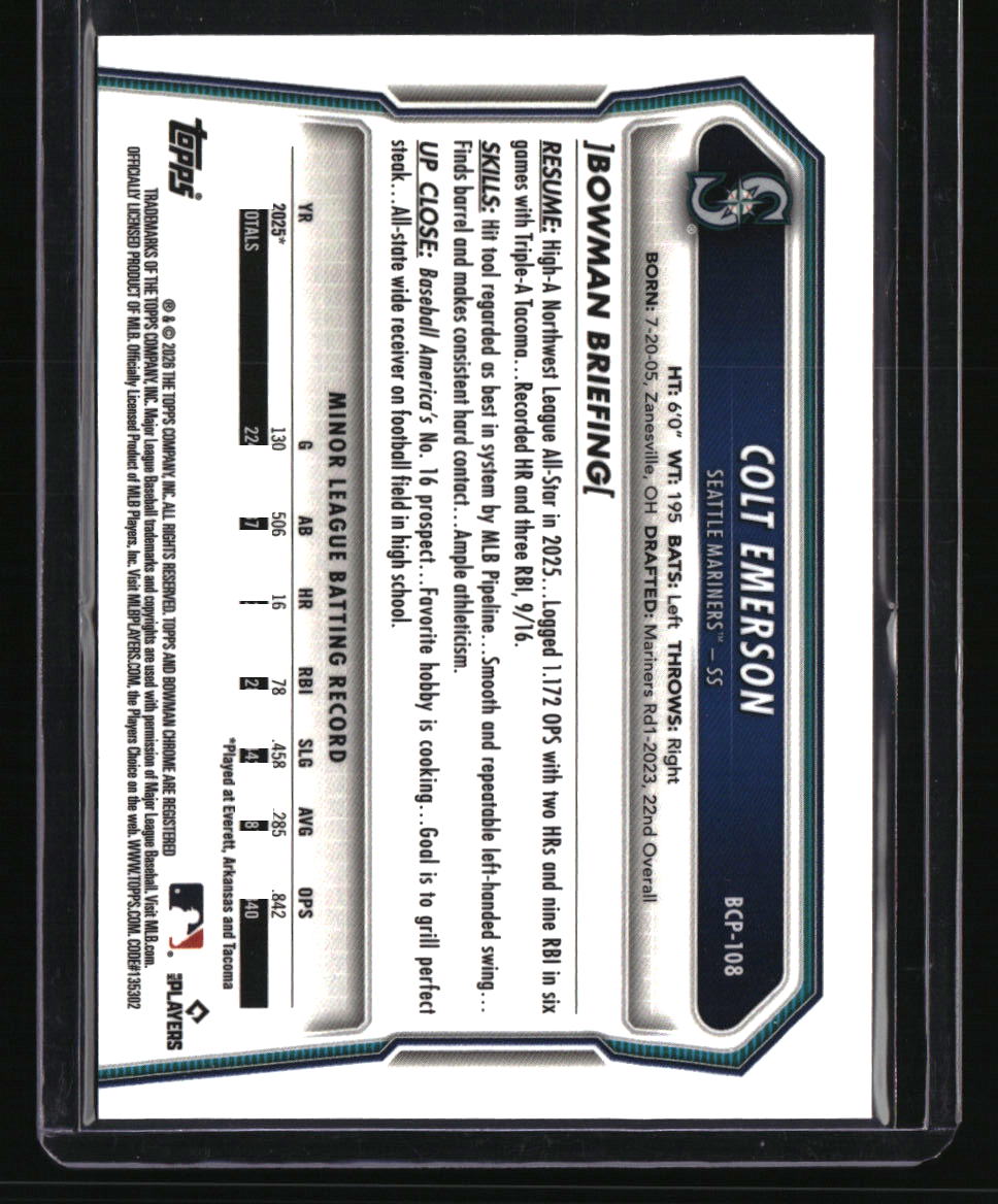 2026 Bowman Colt Emerson Chrome Prospects Aqua X-Fractor #/125