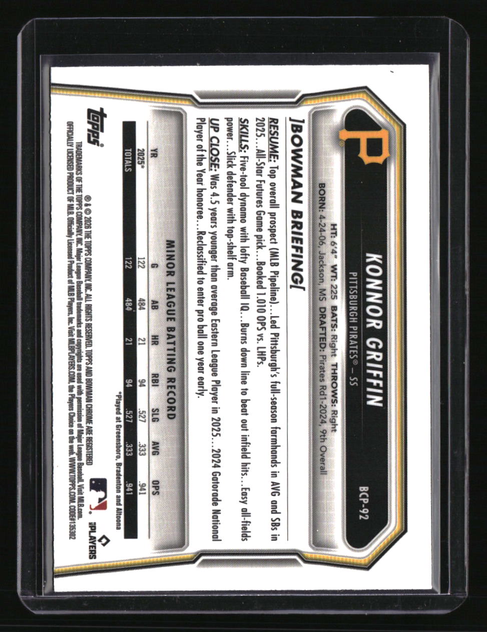 2026 Bowman Konnor Griffin Chrome Prospects Purple Refractor #/250