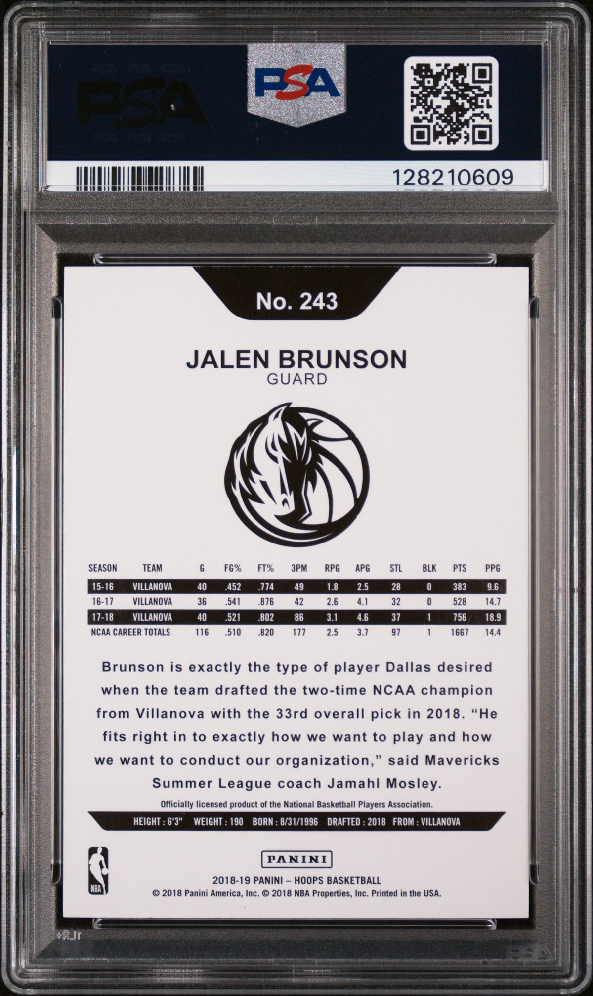 2018 Panini Hoops Jalen Brunson PSA 9