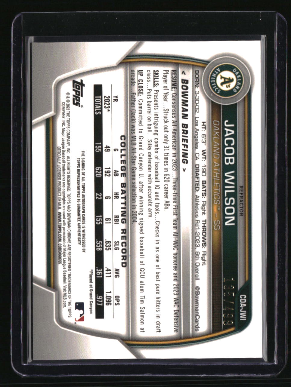 2023 Bowman Draft Jacob Wilson Chrome Prospect Autographs Refractor #/499