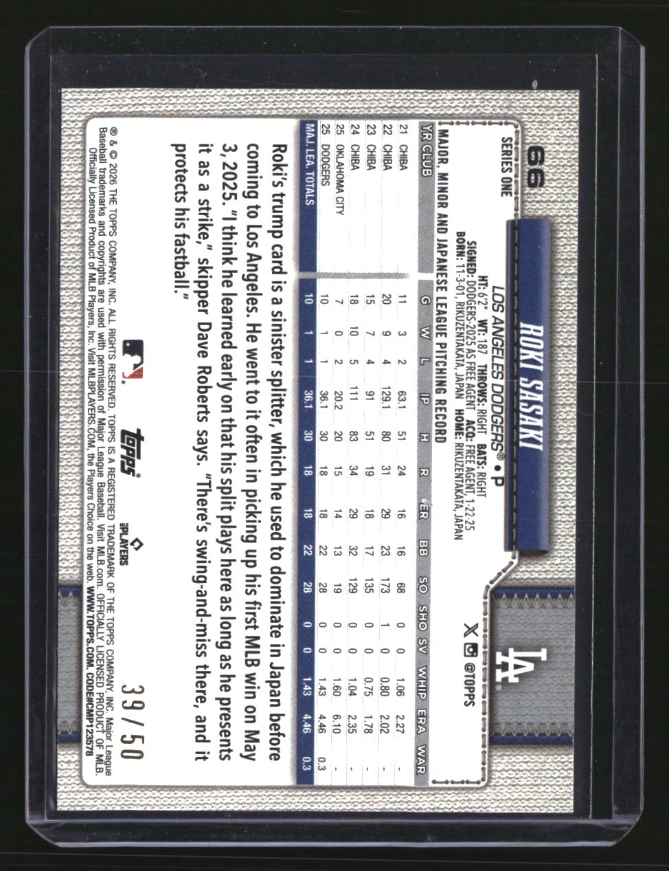 2026 Topps Roki Sasaki Dugout Peeks Gold #/50
