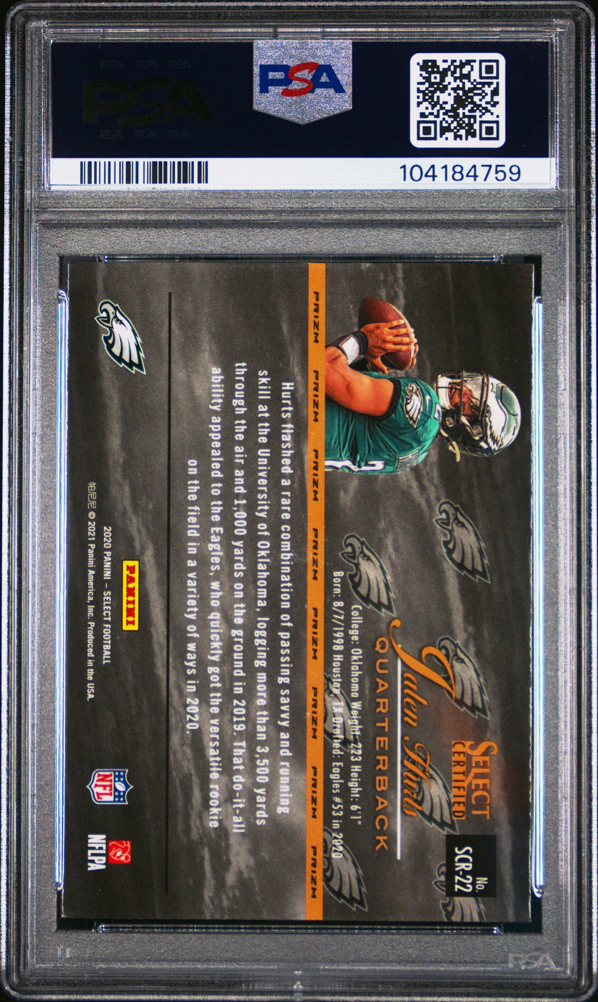 2020 Panini Select Select Certified Rookies Jalen Hurts Select Rke-Prizm PSA 8