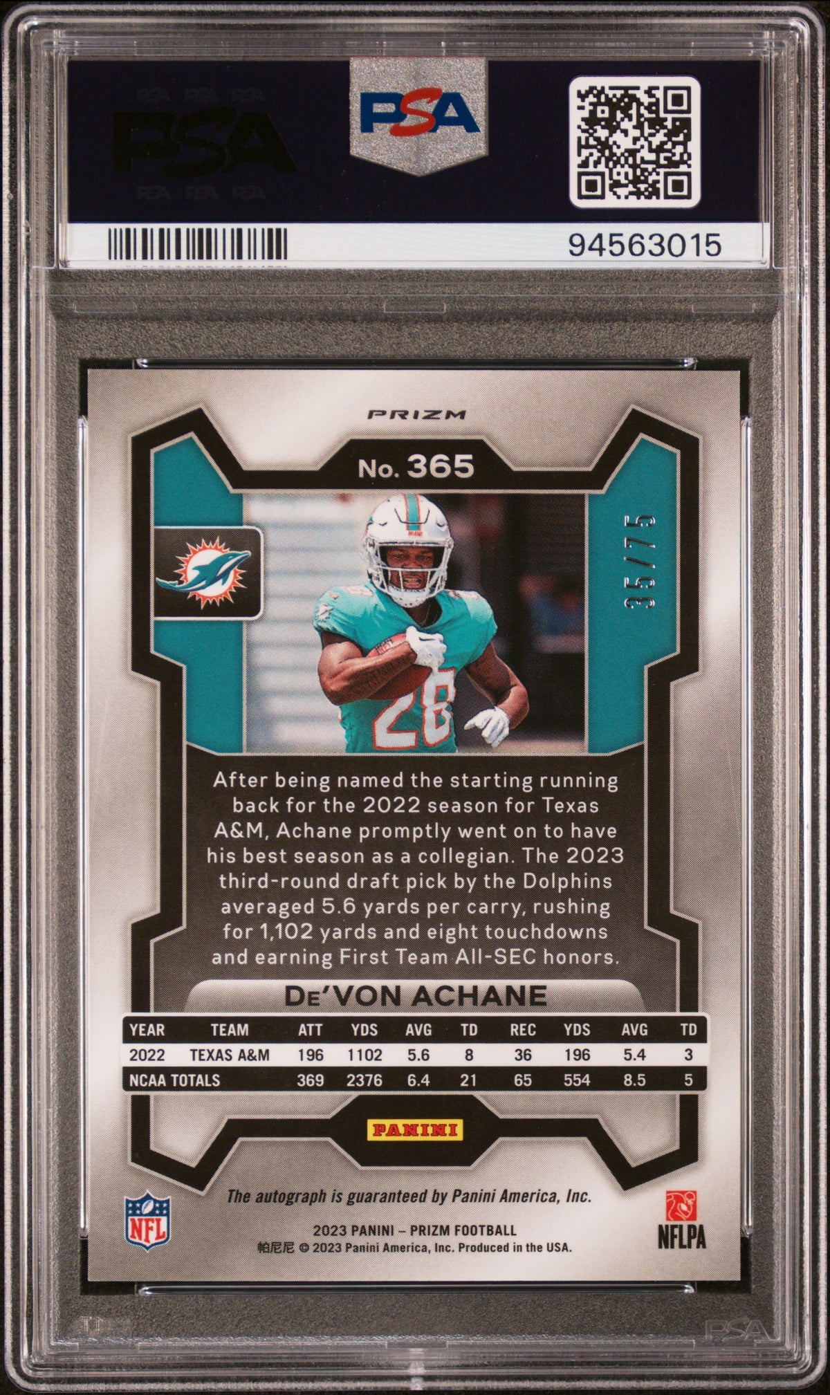 2023 Panini Prizm De'Von Achane Autograph-Green Scope PSA 9