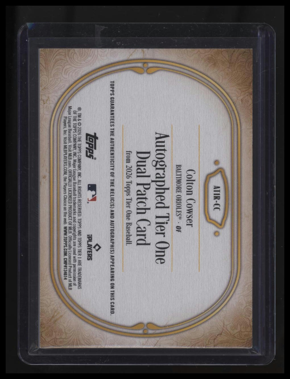 2026 Topps Tier One Colton Cowser Autographed Tier One Relics Dual Patch
