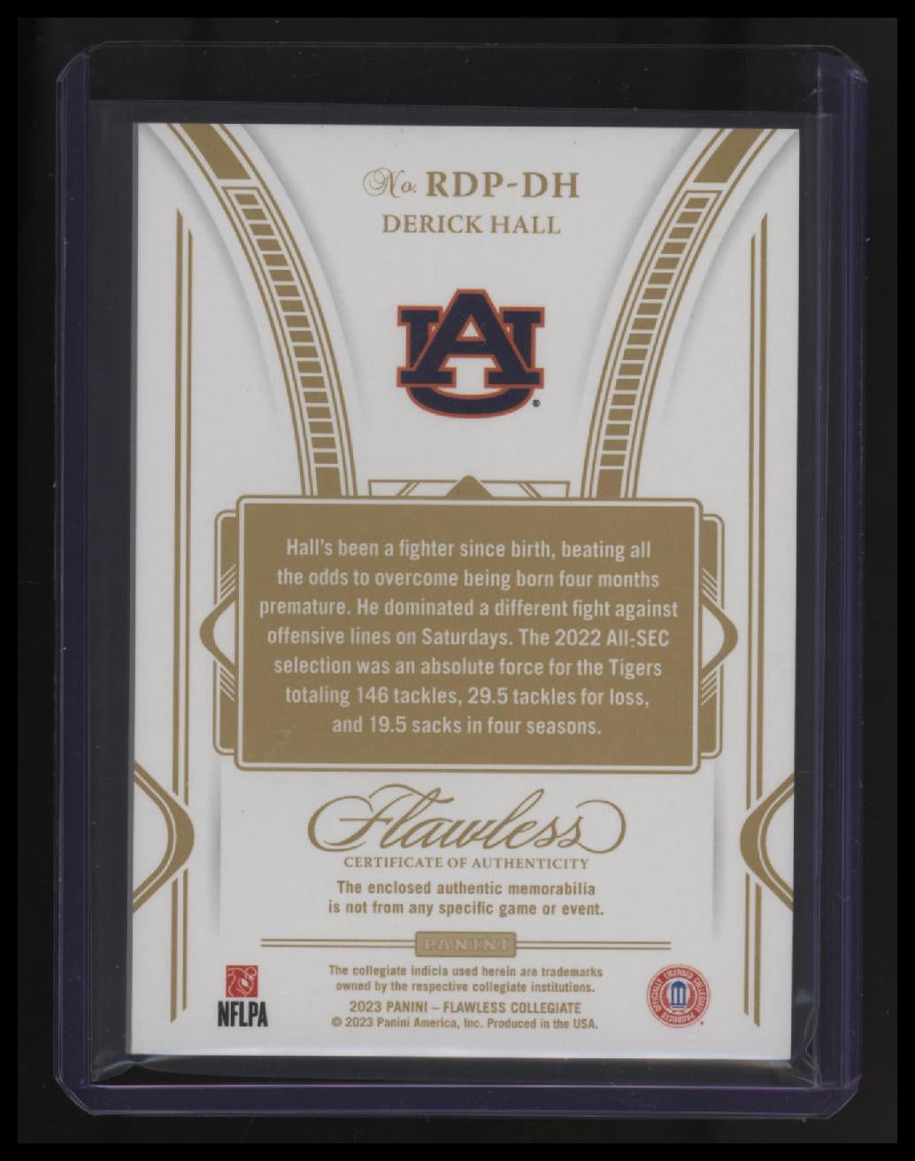 2023 Panini Flawless Collegiate Derick Hall Rookie Dual Patches #/25