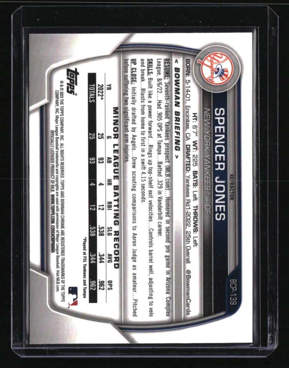 2023 Bowman Spencer Jones Chrome Prospects Lunar Glow Refractors