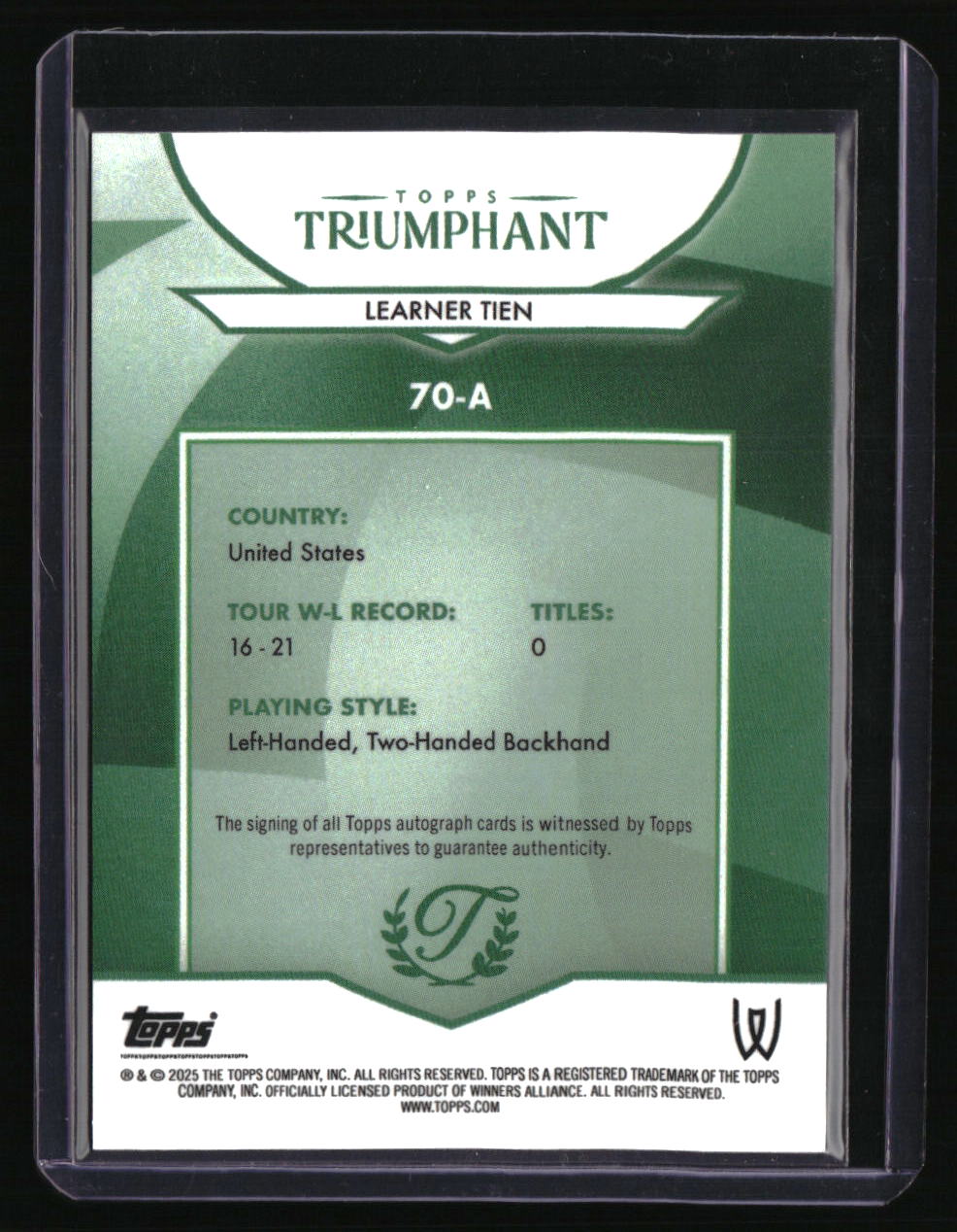 2025 Topps Triumphant Learner Tien Autographs Hard Court Aqua Blue Foil #/75