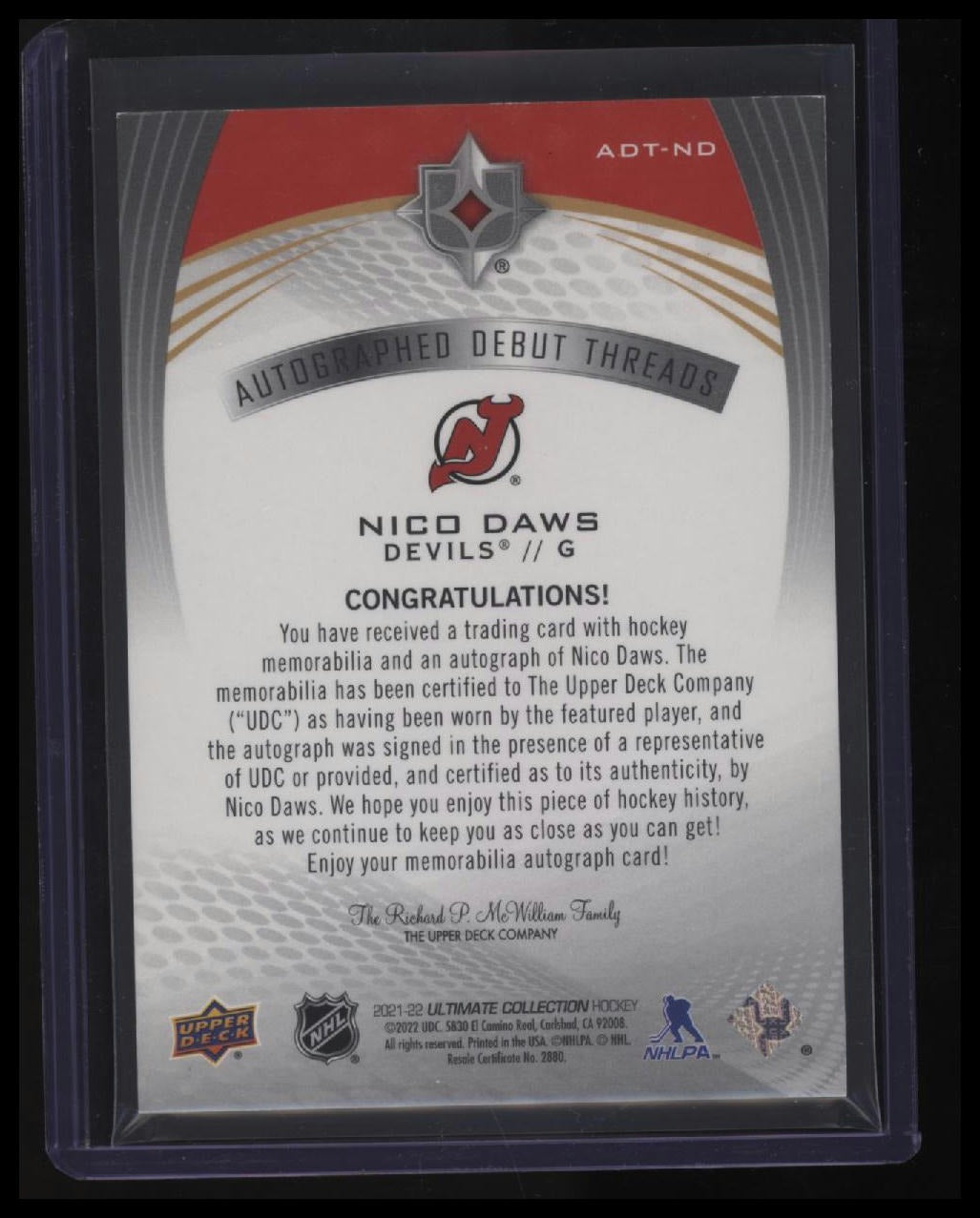 2021-22 Upper Deck Ultimate Collection Nico Daws Debut Threads #/99