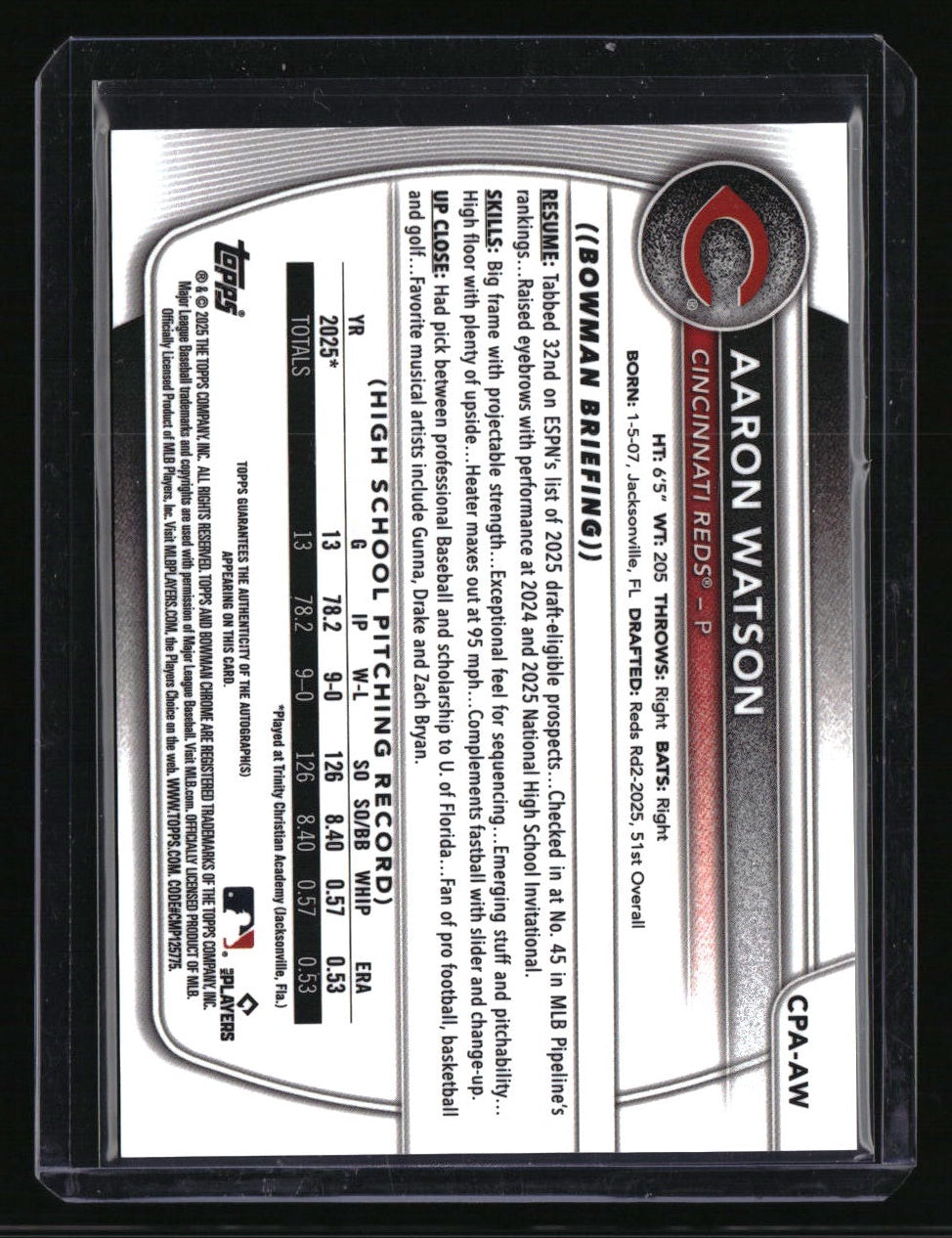 2025 Bowman Draft Aaron Watson Chrome Prospect Autographs