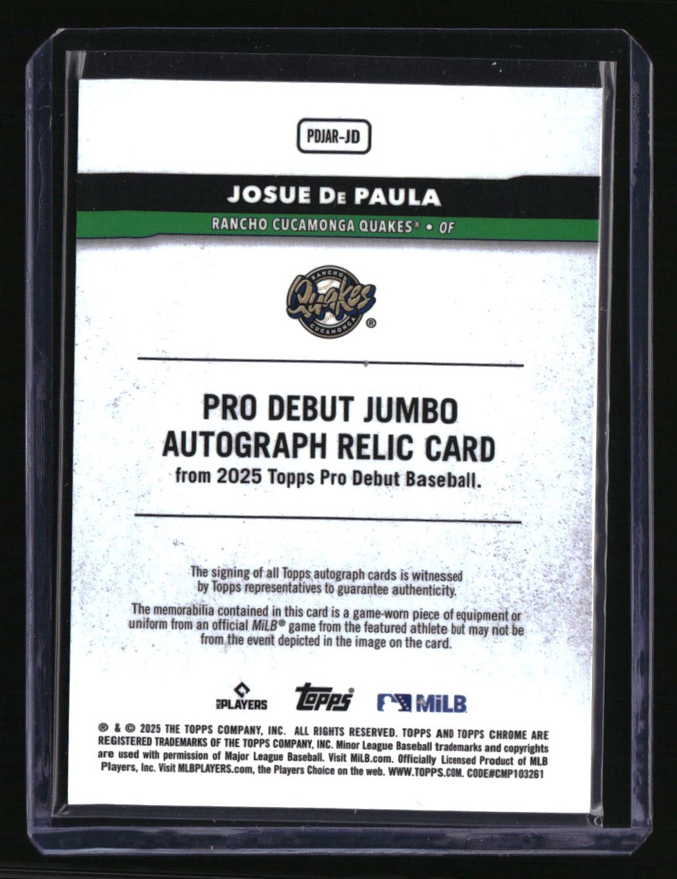 2025 Topps Pro Debut Josue De Paula Pro Debut Jumbo Relic Autographs #/400
