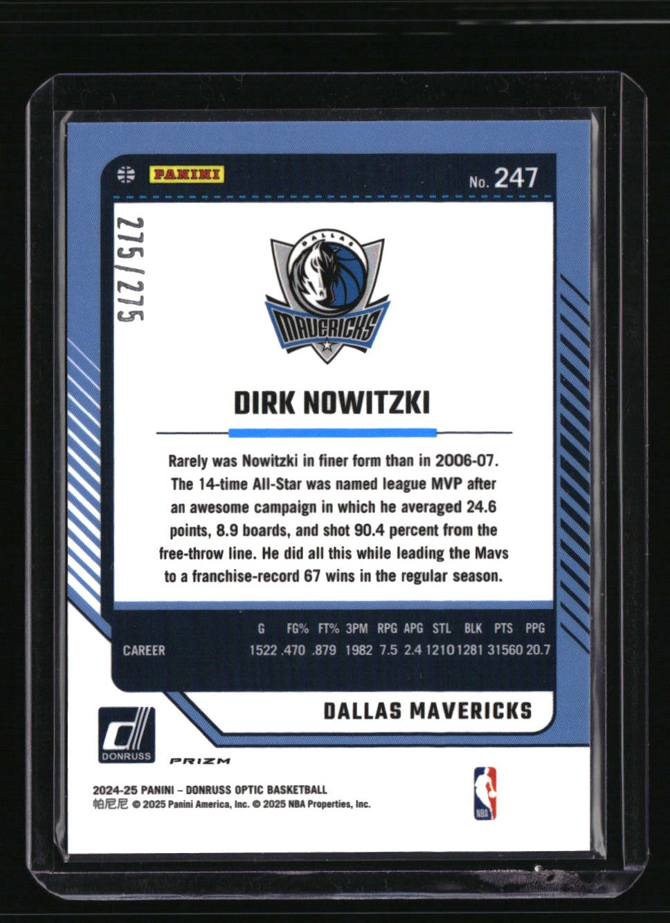 2024-25 Donruss Optic Dirk Nowitzki Pink Glitter #/275 275/275 Last On Print