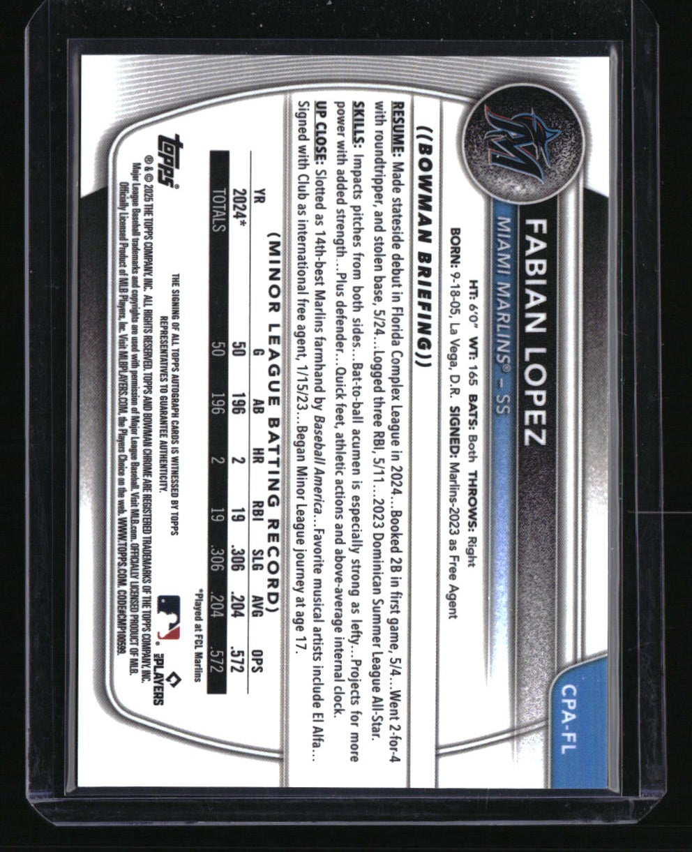 2025 Bowman Fabian Lopez Chrome Prospects Autographs Speckle Refractor #/299