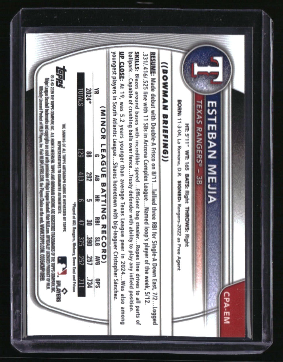 2025 Bowman Esteban Mejia Chrome Prospects Autographs Green Lava Refractor #/99