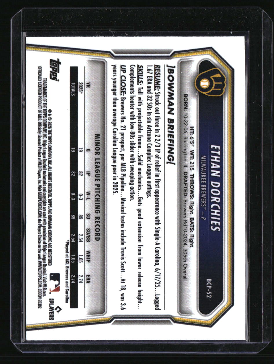 2026 Bowman Ethan Dorchies Chrome Prospects Blue Refractor #/150
