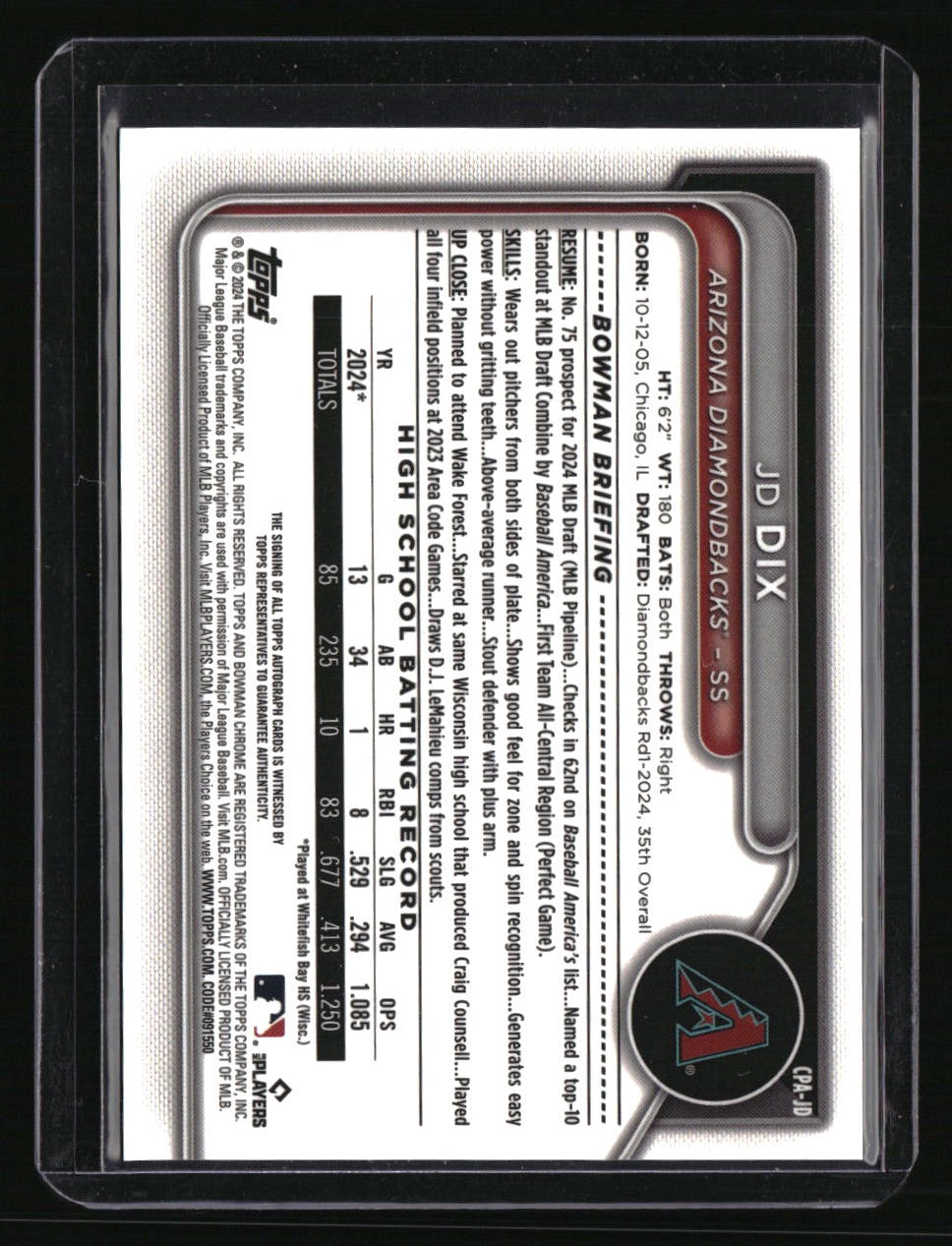 2024 Bowman Draft JD Dix Chrome Prospect Autographs