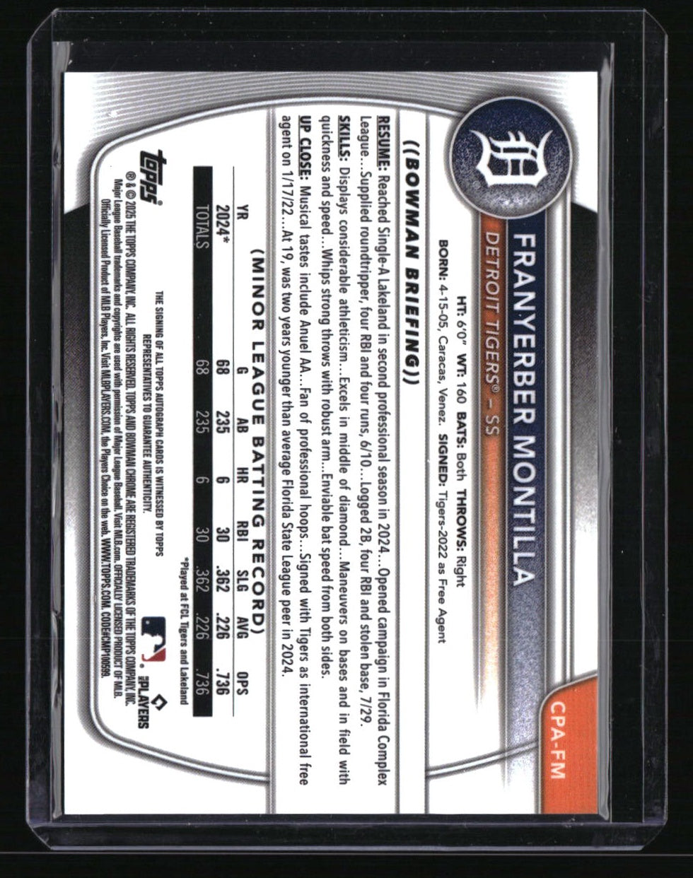 2025 Bowman Franyerber Montilla Chrome Prospects Autographs