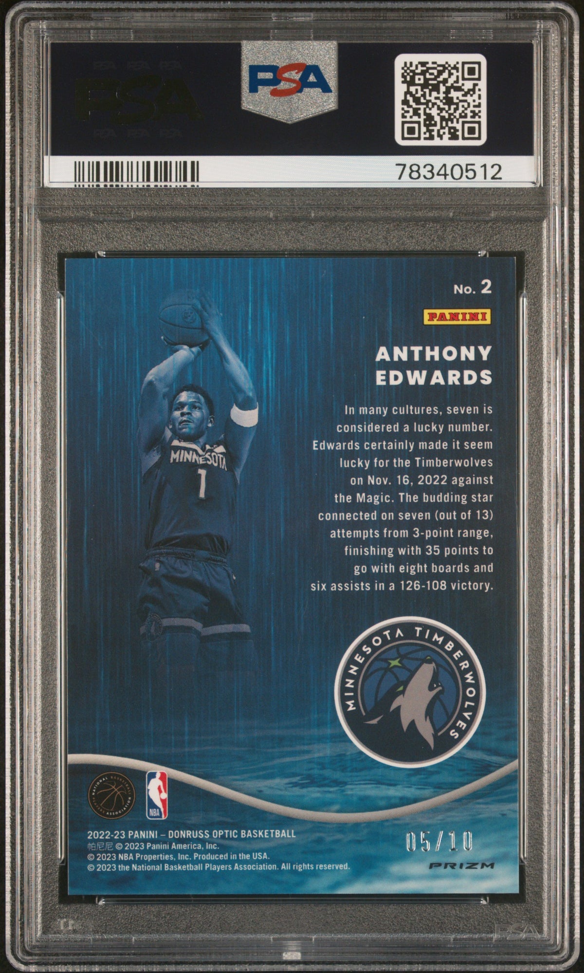 2022-23 Donruss Optic Anthony Edwards Raining 3s Gold PSA 9 #/10