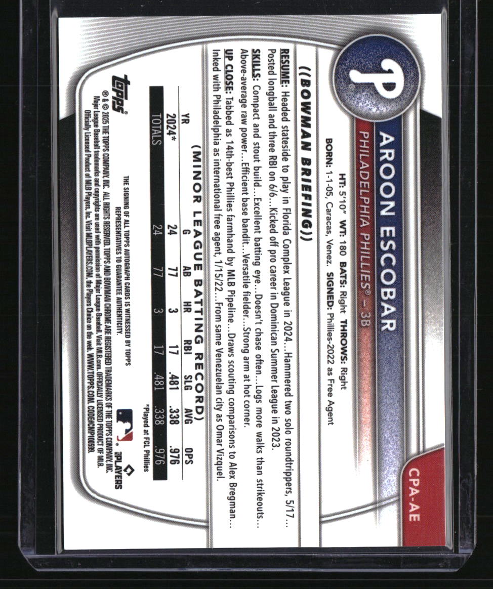 2025 Bowman Aroon Escobar Chrome Prospect Autographs