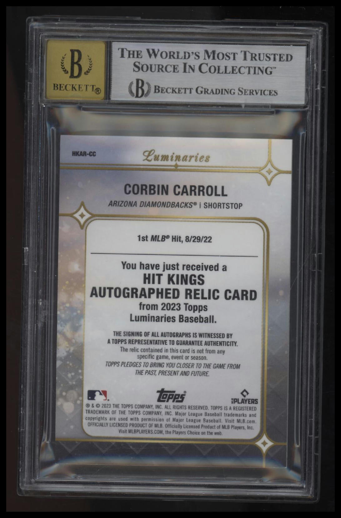 2023 Topps Luminaries Hit Kings Autograph Relics Blue Corbin Carroll BGS 9.0