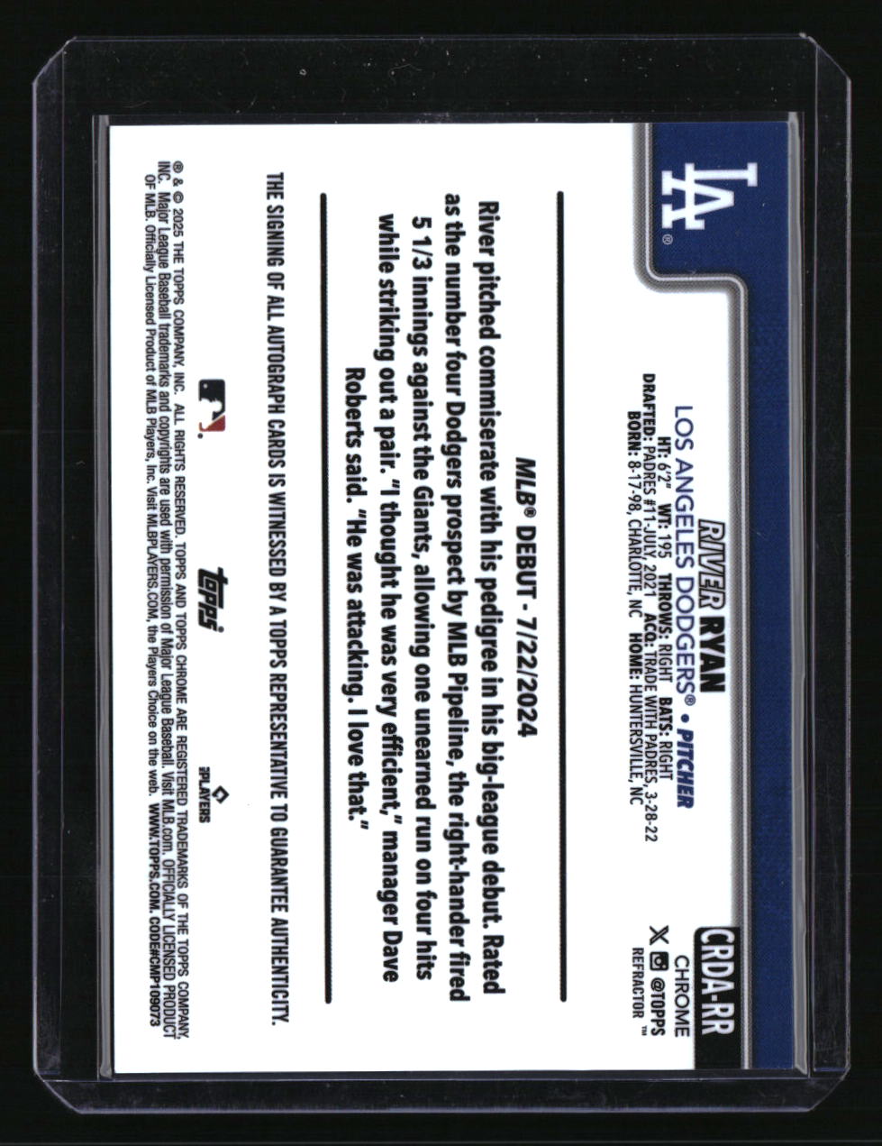 2025 Topps Chrome Update River Ryan Rookie Debut Auto Refractors #/499