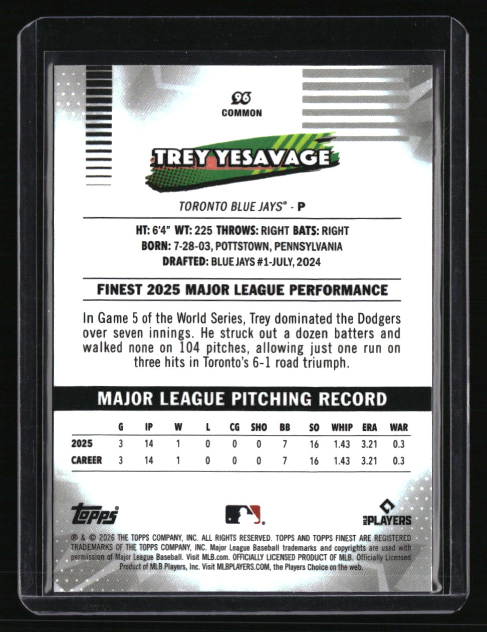 2026 Finest Trey Yesavage Green Refractors #/99