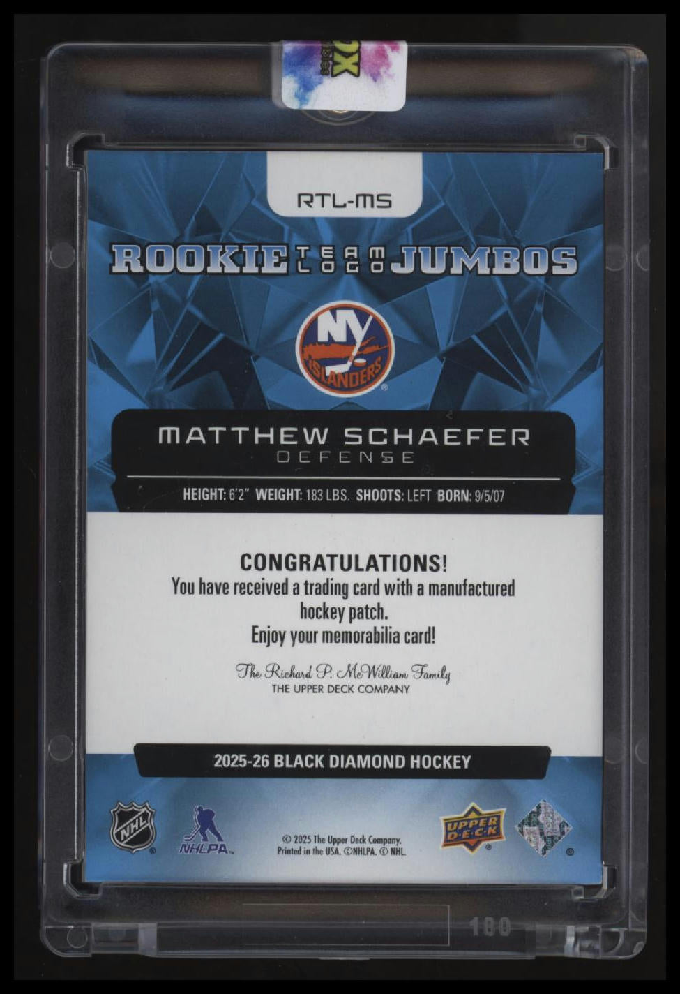 2025-26 Upper Deck Black Diamond Matthew Schaefer Team Logo Jumbo Rookies Retro