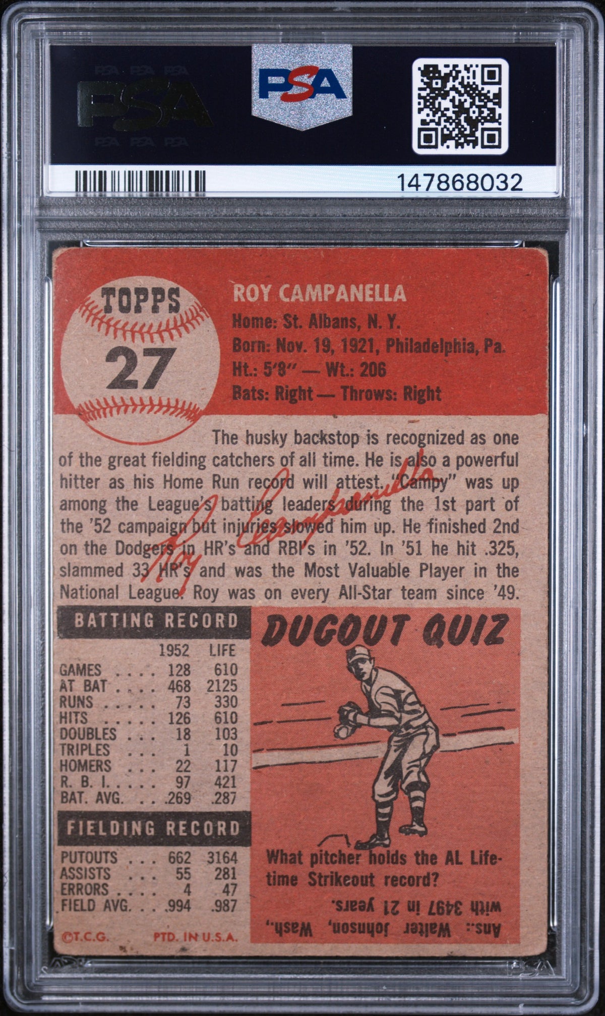 1953 Topps Roy Campanella PSA 2
