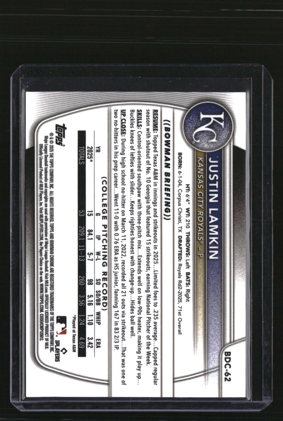 2025 Bowman Draft Sapphire Edition Justin Lamkin Gold Sapphire #/50