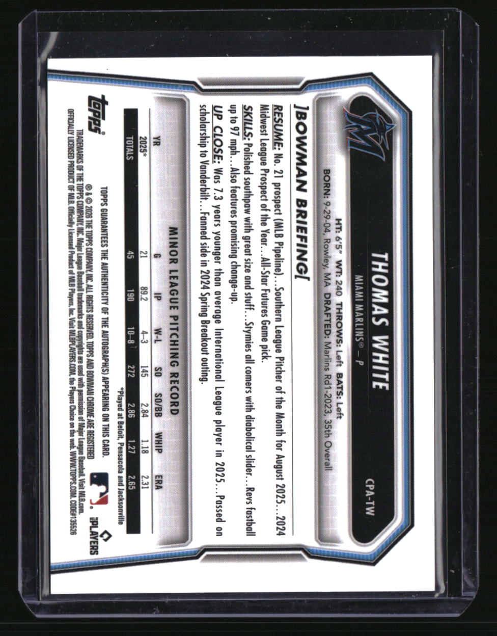 2026 Bowman Thomas White Chrome Prospect Autographs