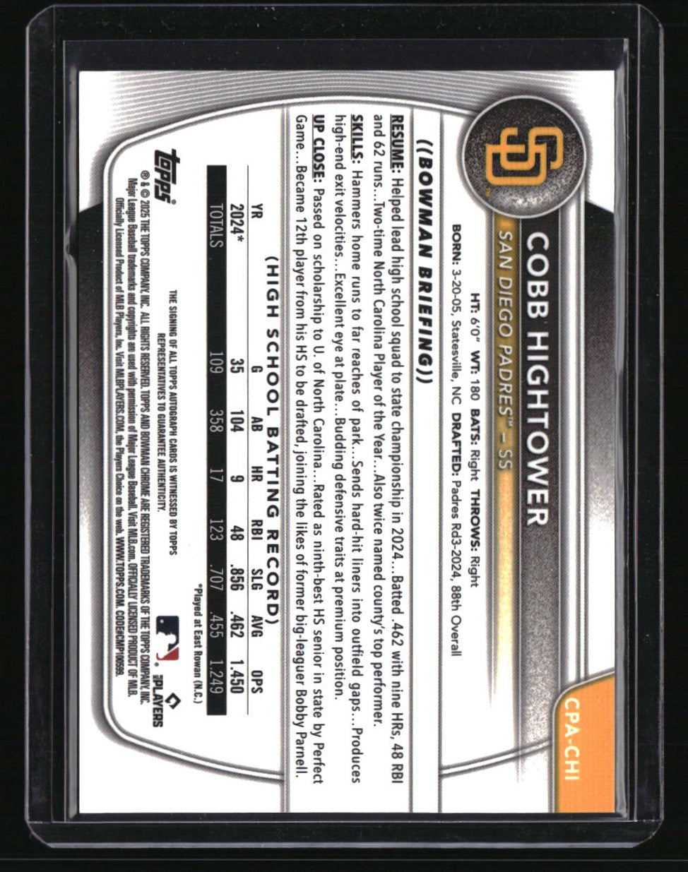 2025 Bowman Cobb Hightower Chrome Prospects Autographs