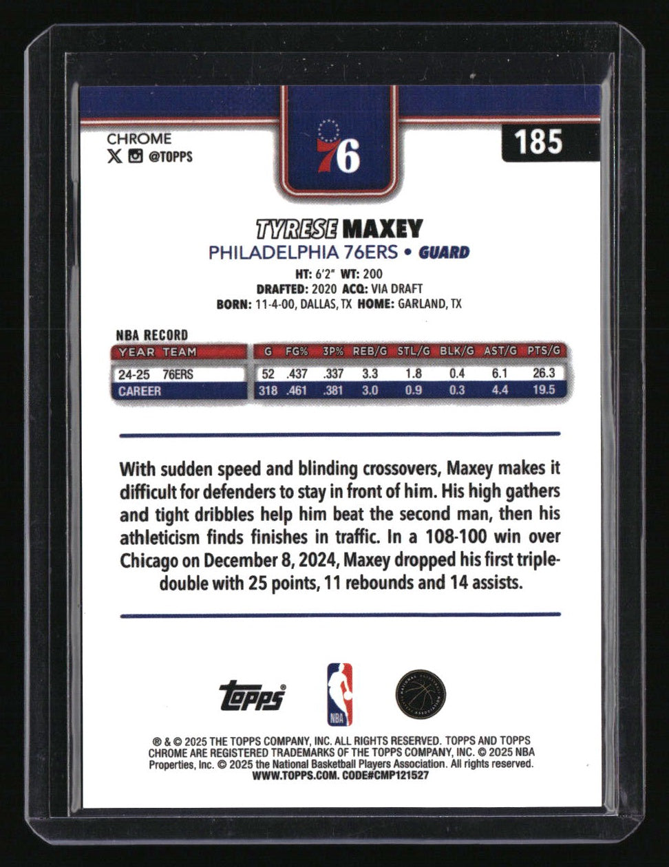 2025-26 Topps Chrome Tyrese Maxey Gold Refractor #/50