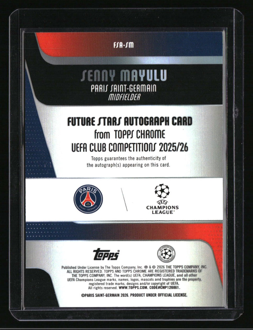 2025-26 Topps Chrome UEFA CC Senny Mayulu Future Stars Auto Green Lava #/99