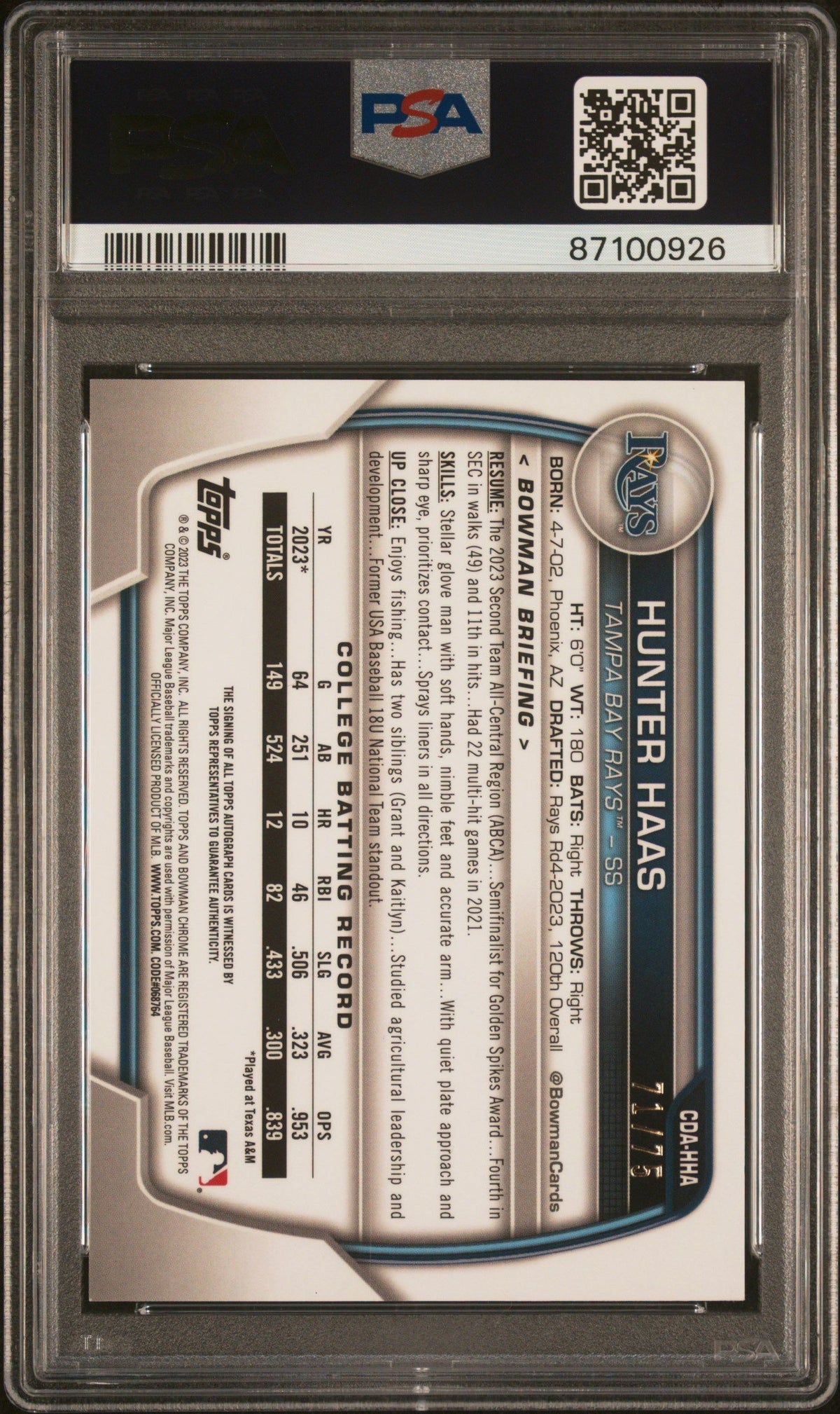 2023 Bowman Draft Chrome Hunter Haas Chrome Prospect Auto-Black PSA 10