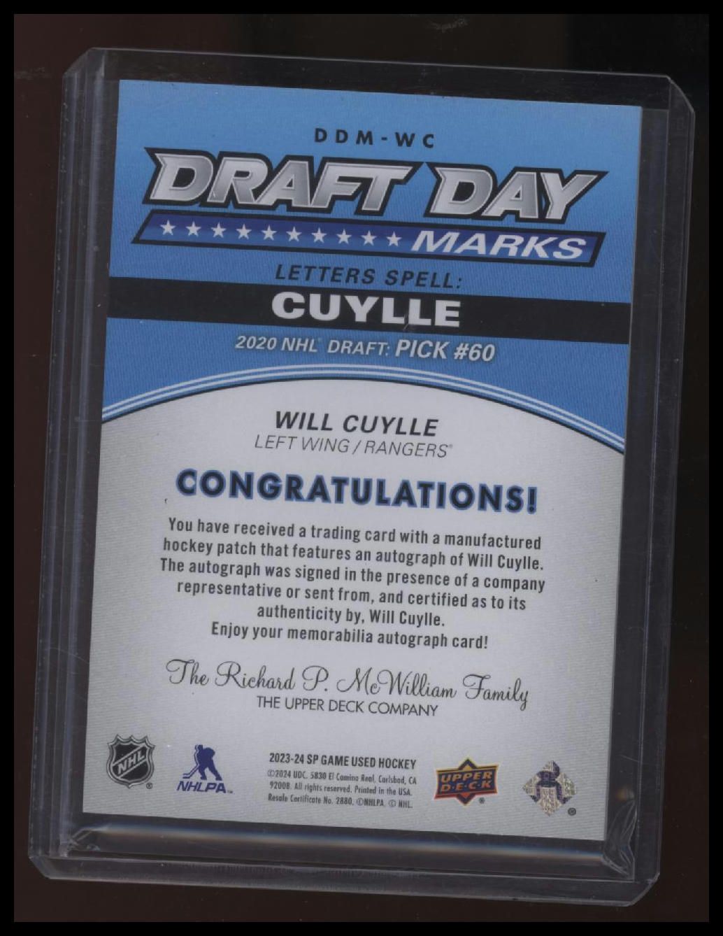 2023-24 SP Game Used Will Cuylle Draft Day Marks #/35