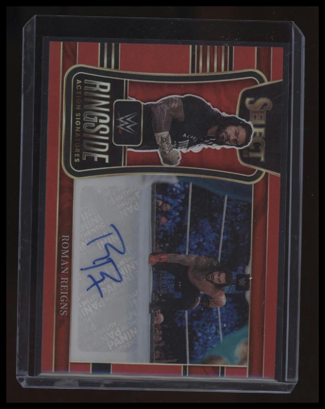 2022 Panini Select WWE Roman Reigns Ringside Action Signatures Red Prizms #/99