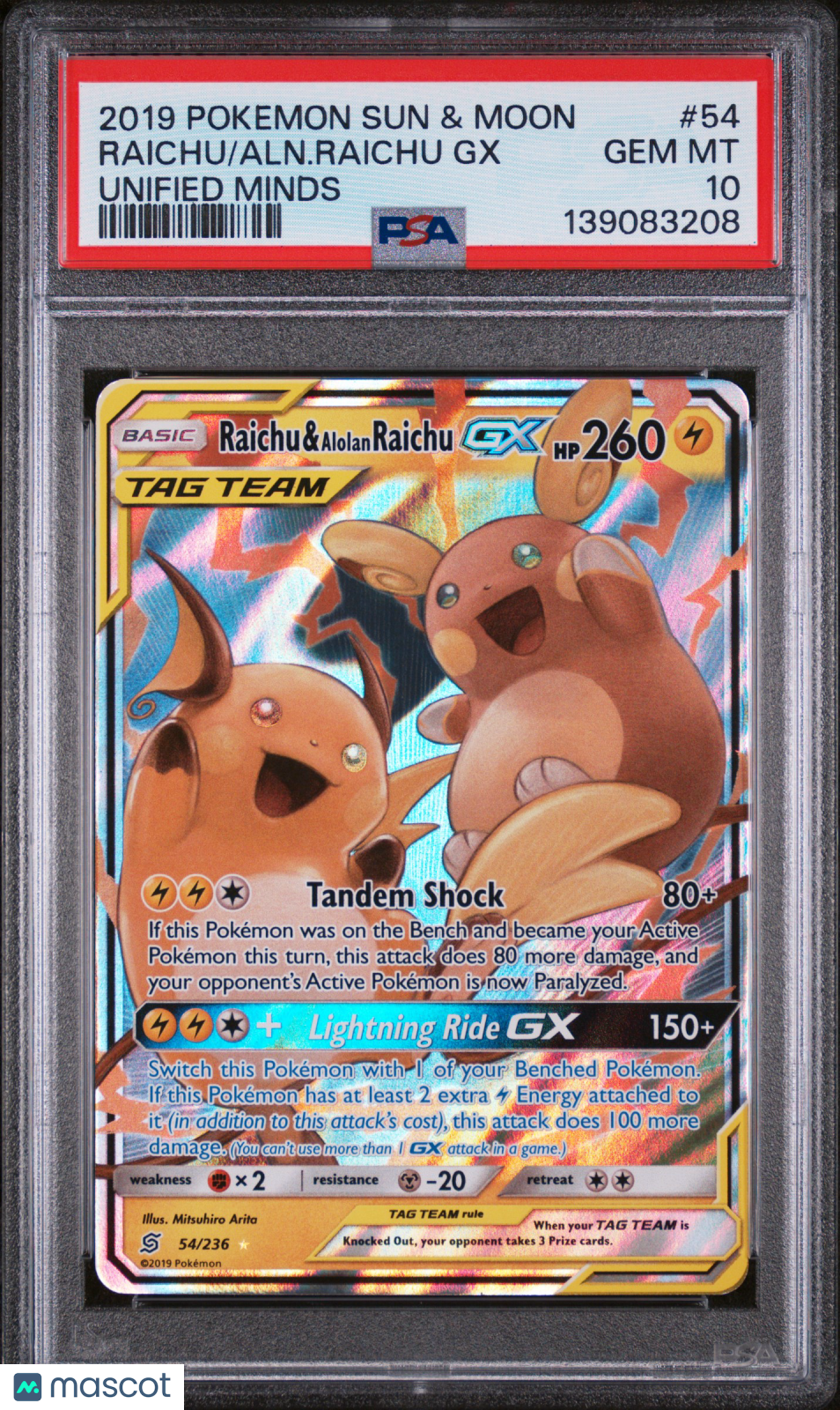 2019 Pokemon Sun & Moon Unified Minds Raichu/Aln.Raichu Gx Unified Minds PSA 10