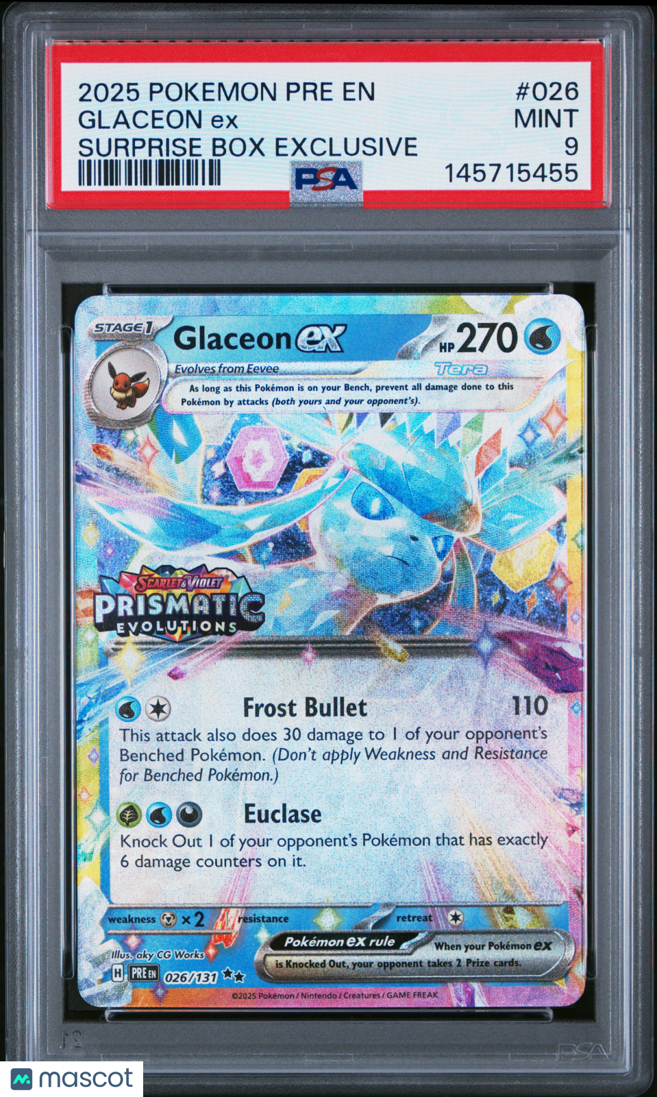 2025 Pokemon Pre En-Prismatic Evolutions Glaceon Ex Surprise Box Exclusive PSA 9