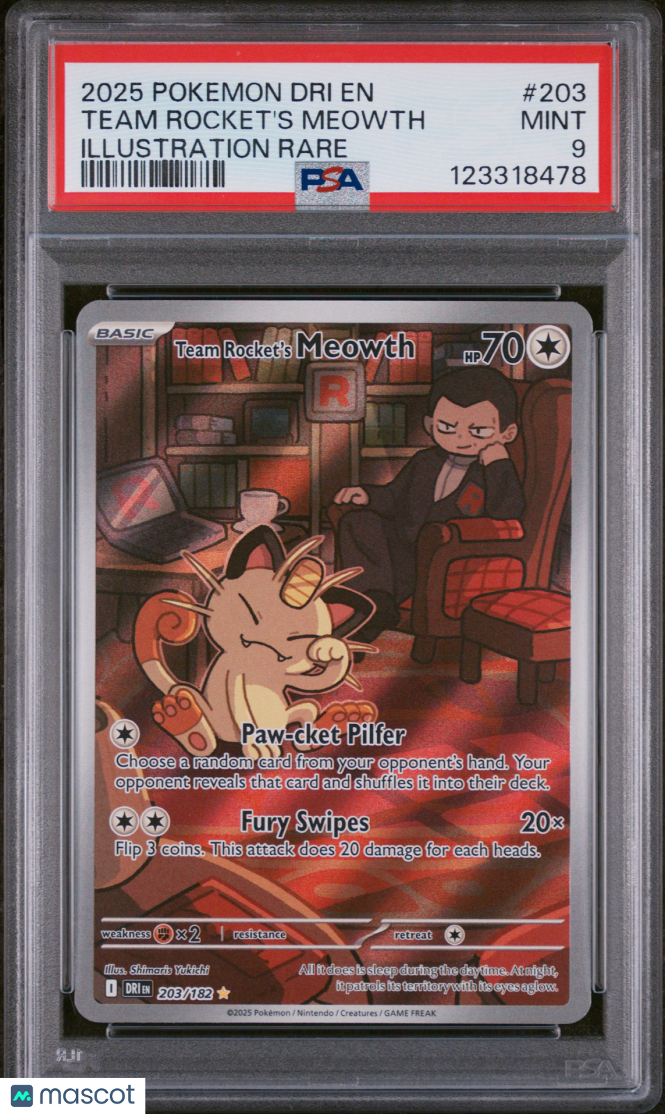 2025 Pokemon Dri En-Destined Rivals Team Rocket'S Meowth Illustration Rare PSA 9