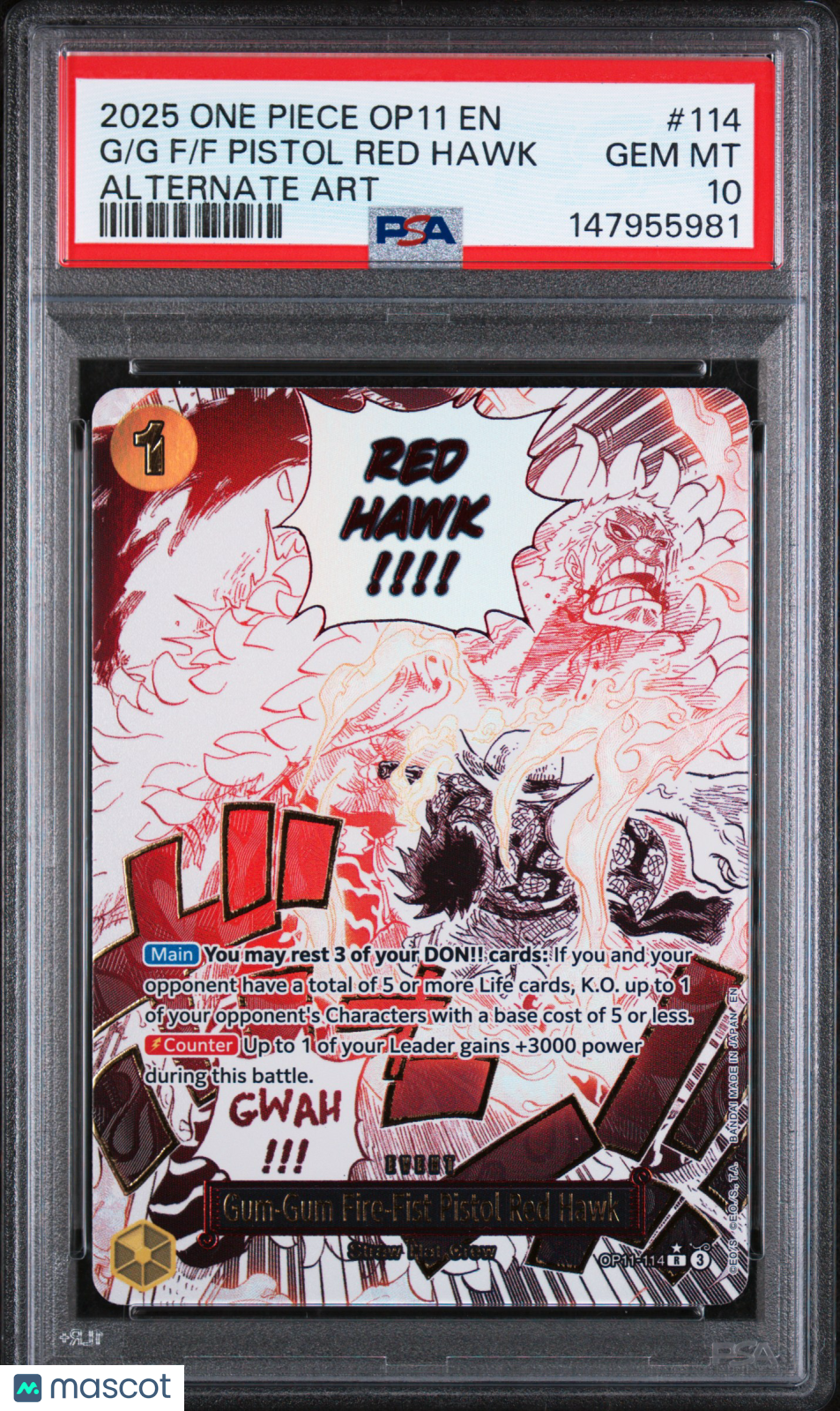 2025 One Piece Op11-A Fist Of Divine Speed GG FF Pistol Red Hawk Alt Art PSA 10