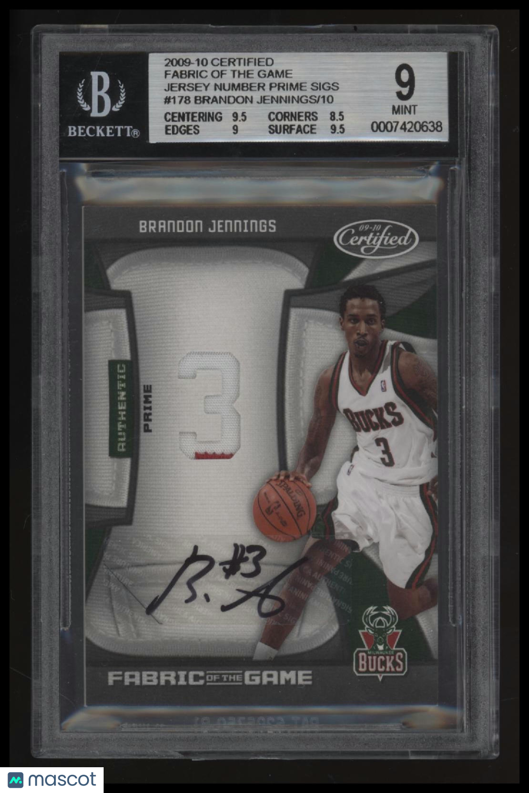 2009-10 Certified Jersey Number Prime Sigs Brandon Jennings/10 BGS 9