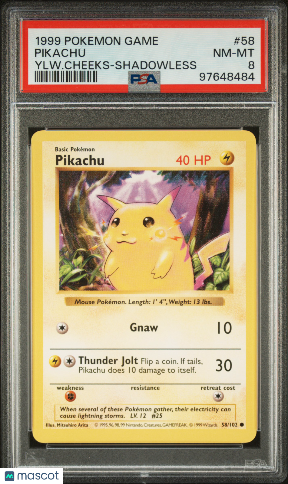 1999 Pokemon Game Pikachu Ylw.Cheeks-Shadowless PSA 8