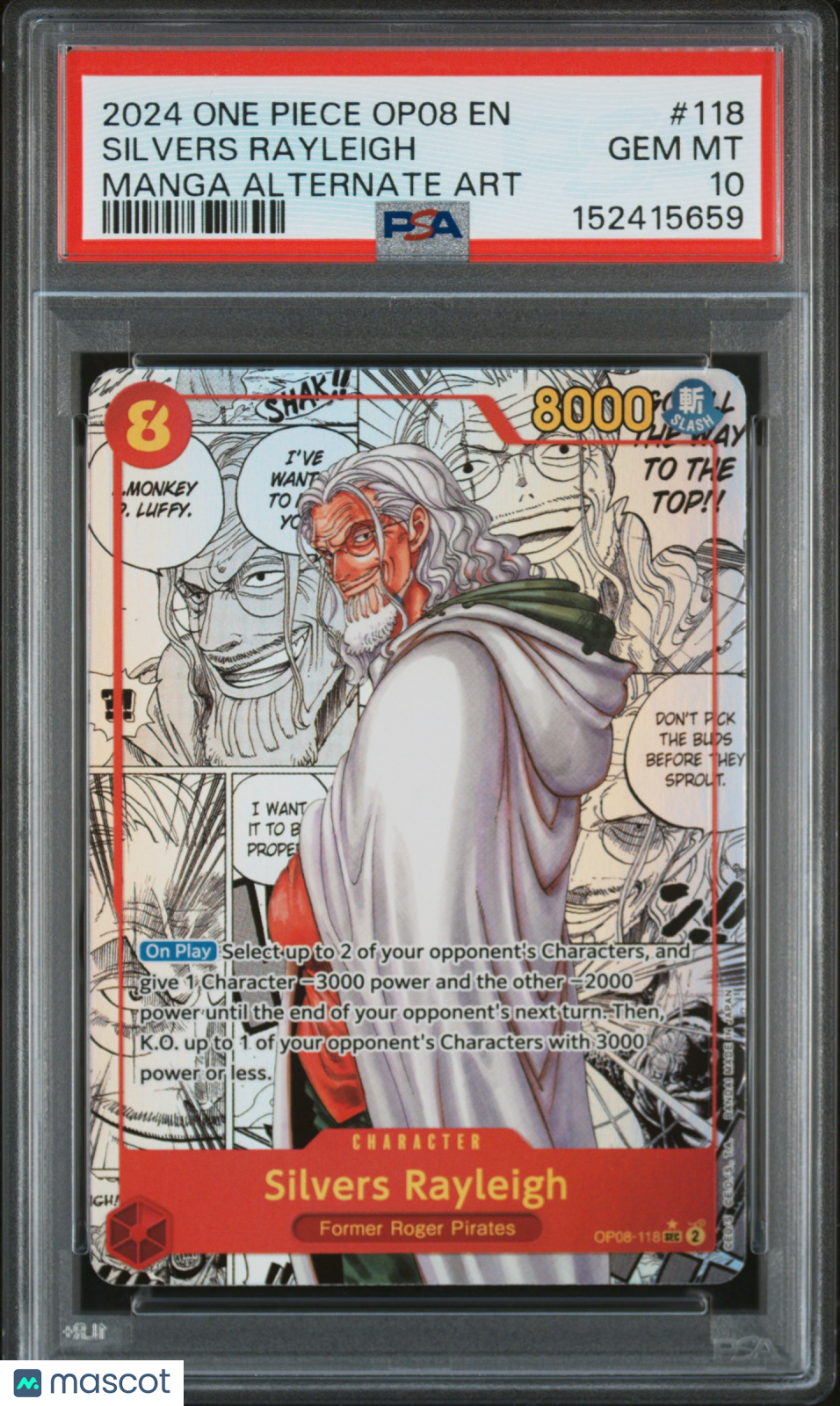 2024 One Piece Op08-Two Legends Silvers Rayleigh Manga Alternate Art PSA 10