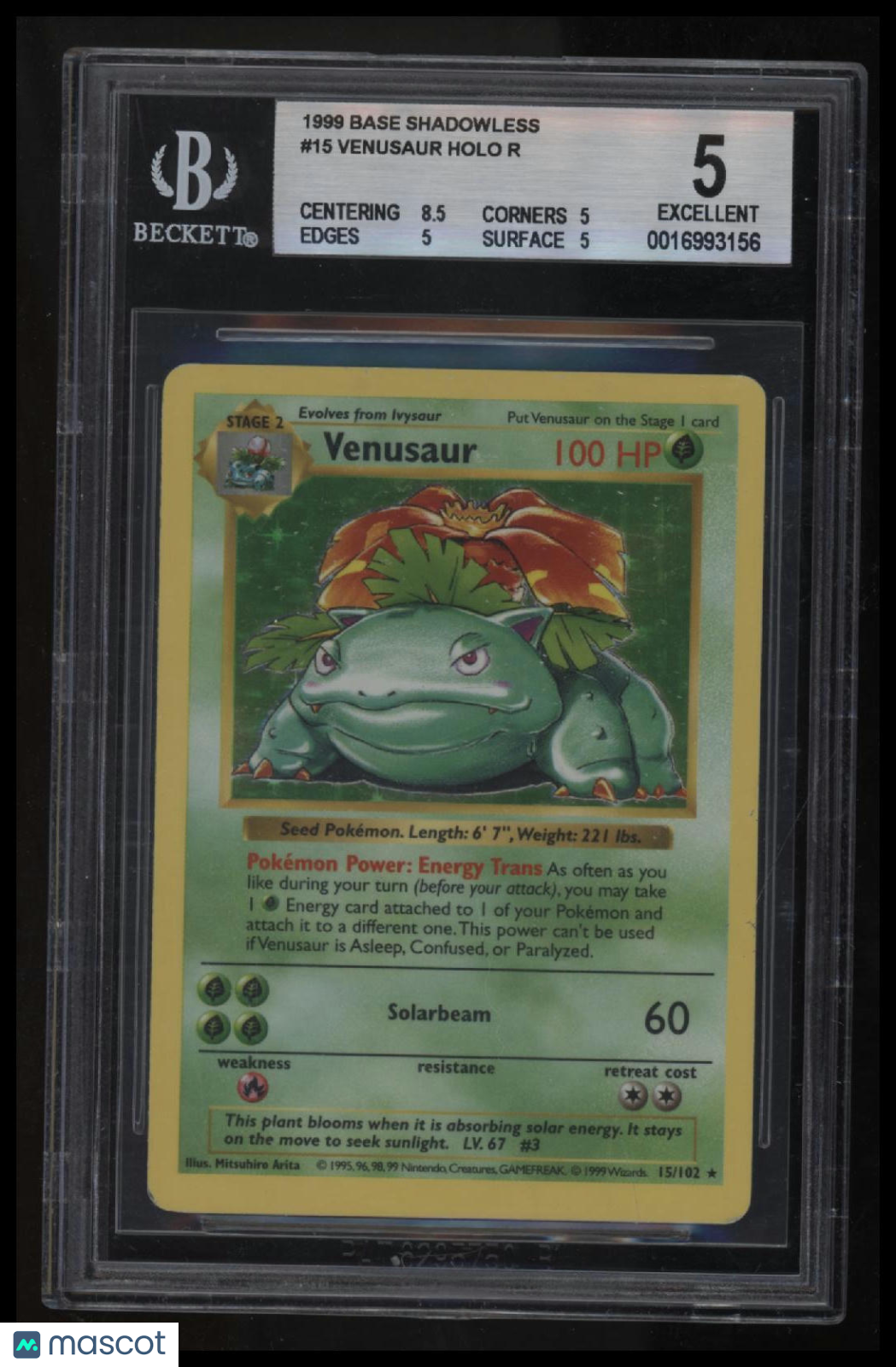 1999 Pokemon Base Shadowless Venusaur HOLO R BGS 5.0