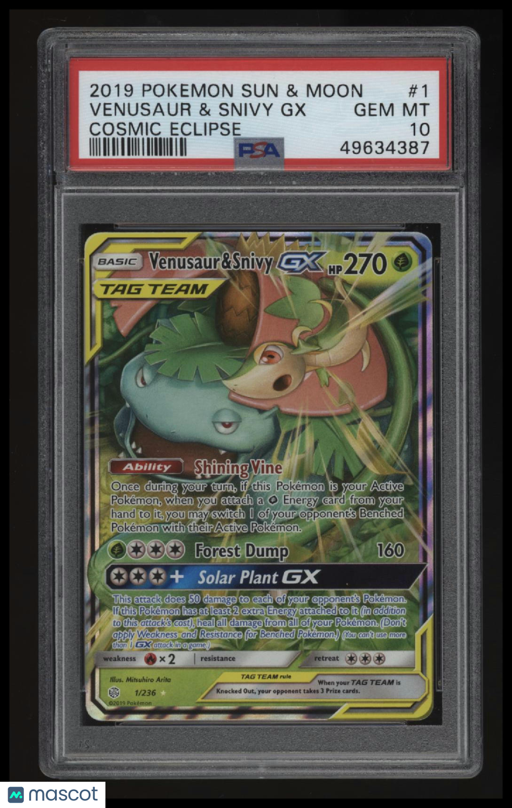 2019 Pokemon Sun & Moon Cosmic Eclipse Venusaur & Snivy Gx PSA 10