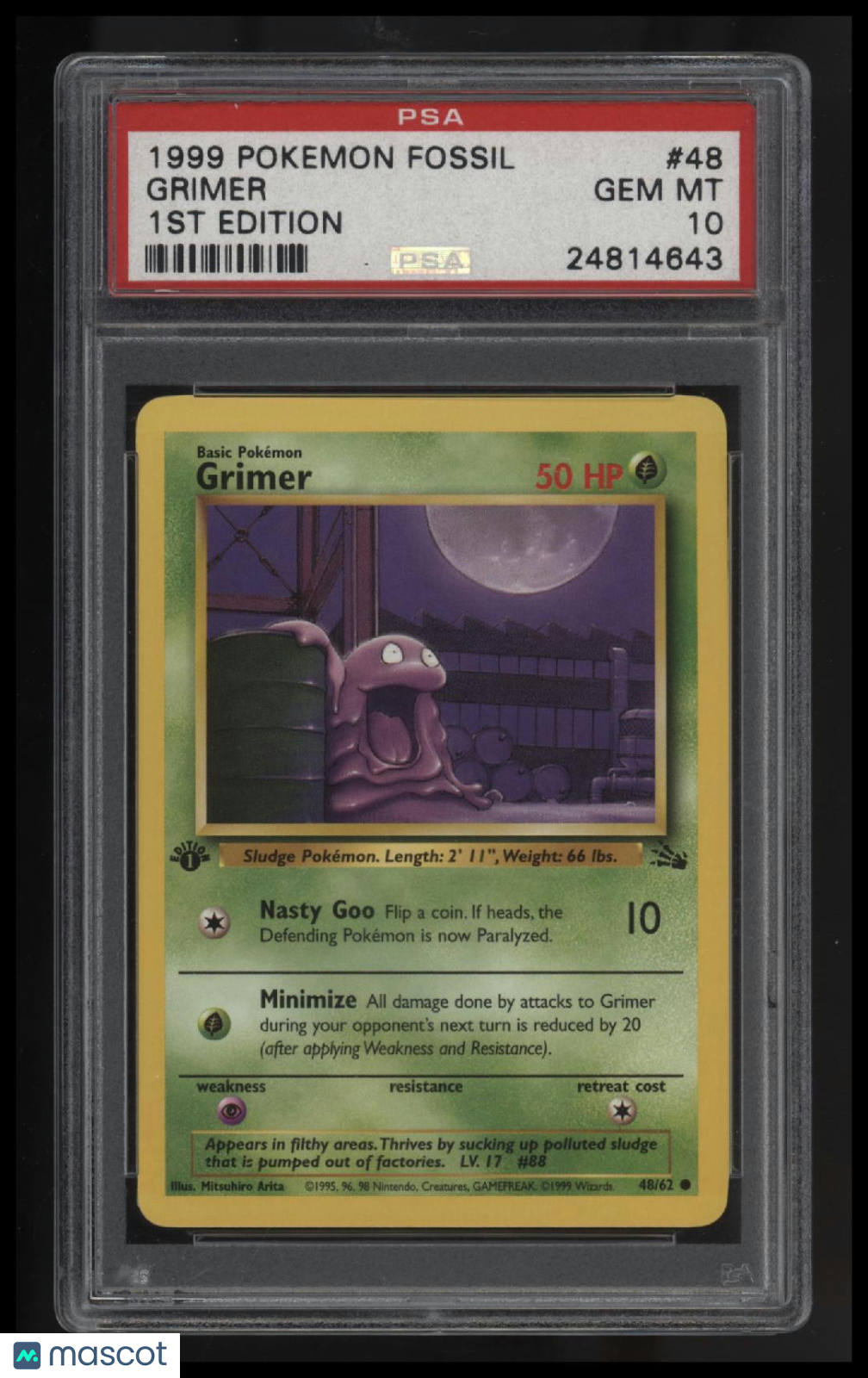 1999 Pokemon Fossil Grimer 1st Edition PSA 10