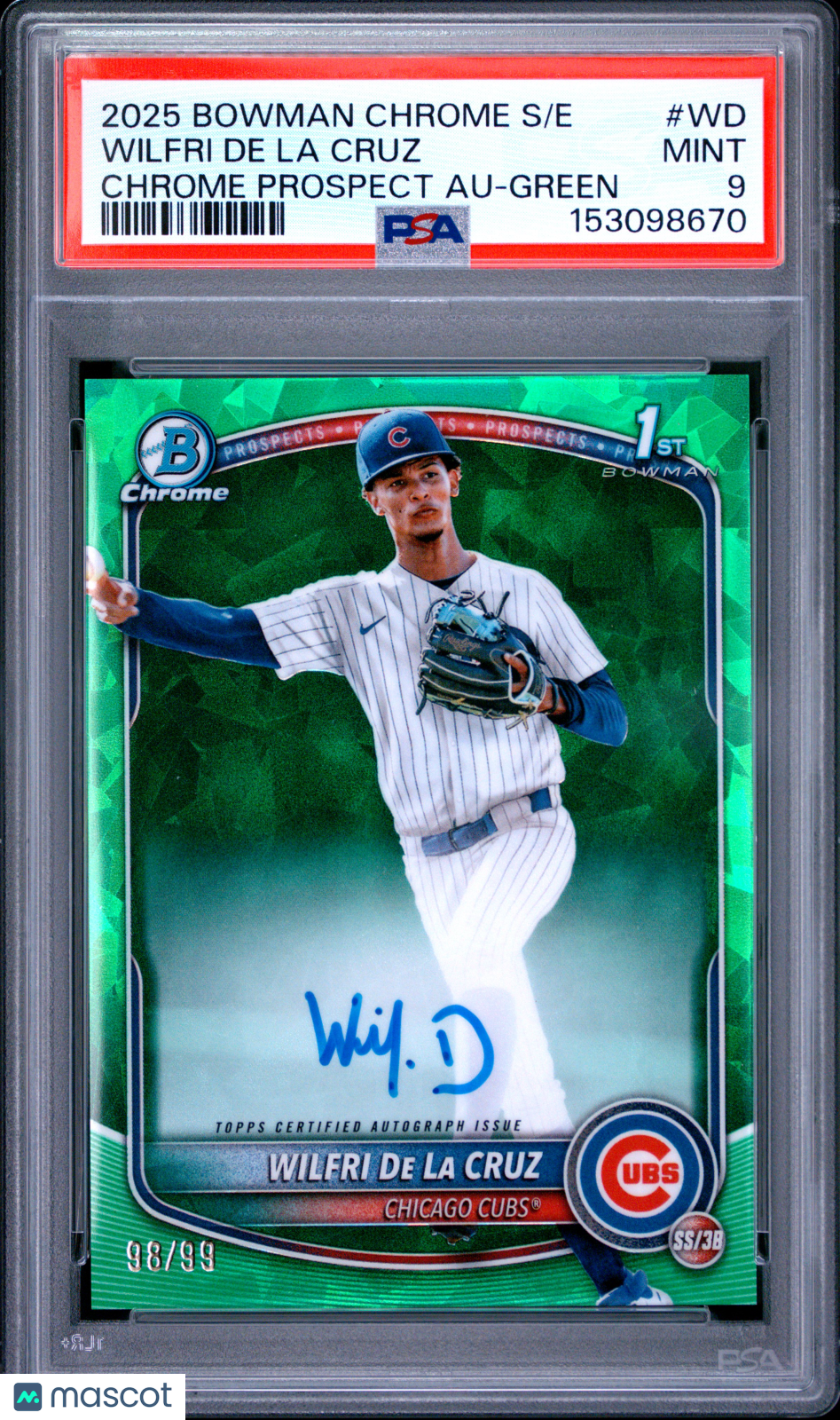 2025 Bowman Chrome Sapphire Prospects Auto Wilfri De La Cruz Green PSA 9
