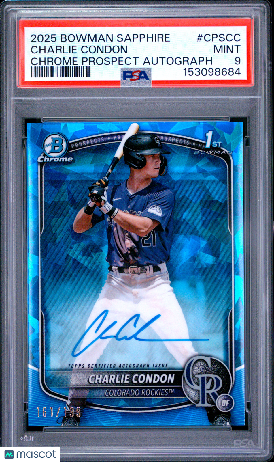 2025 Bowman Sapphire Chrome Prospects Auto Charlie Condon #/199 PSA 9