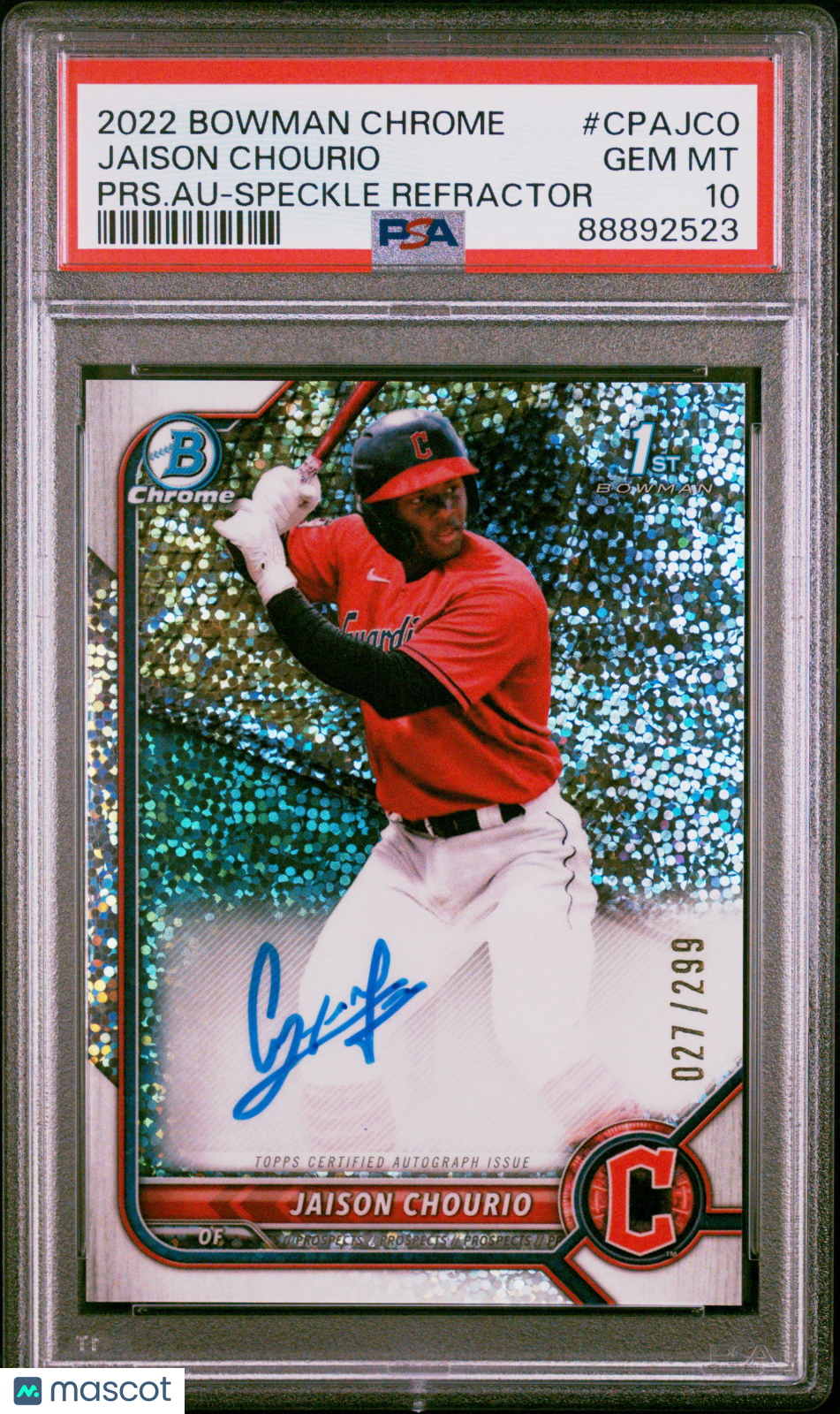 2022 Bowman Chrome Prospect Autographs Jaison Chourio Speckle Refractor PSA 10